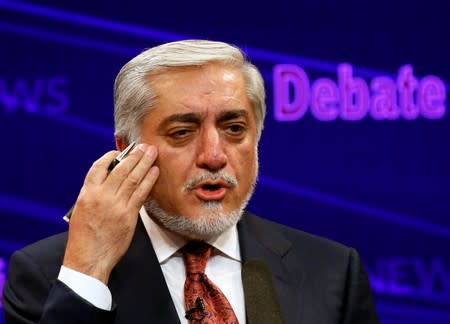 Afghan presidential candidate Abdullah Abdullah, speaks after Ashraf Ghani, current president and presidential candidate cancelled a debate, at a local ArianaTV channel studio in Kabul, Afghanistan