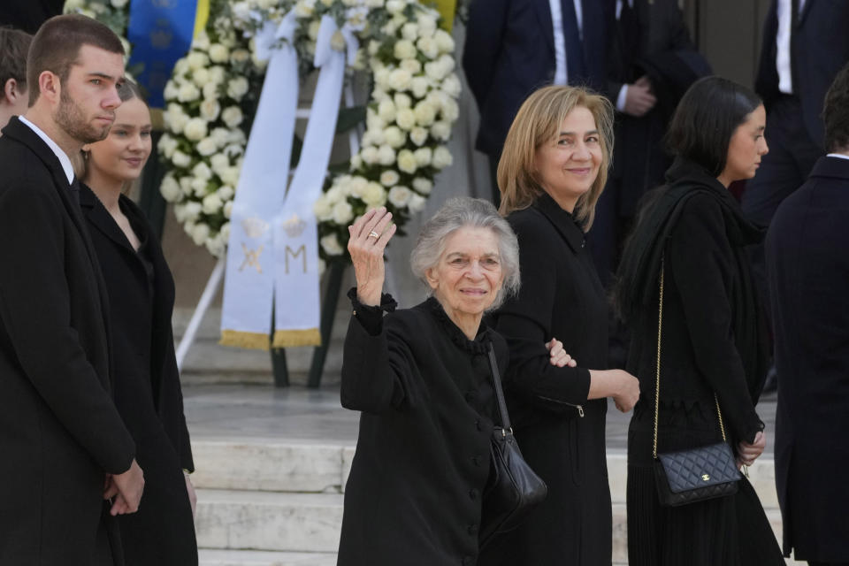 Greece's former princess Irene, center, sister of former king of Greece Constantine II arrives at Metropolitan Cathedral for the funeral in Athens, Monday, Jan. 16, 2023. Constantine died in a hospital late Tuesday at the age of 82 as Greece's monarchy was definitively abolished in a referendum in December 1974. (AP Photo/Petros Giannakouris)