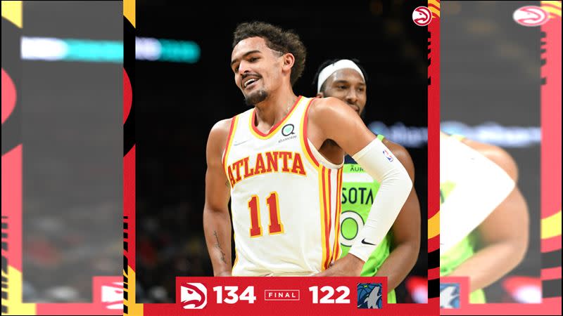 楊恩（Trae Young）25罰25中，連2場罰球百分百。（圖／翻攝自老鷹推特）