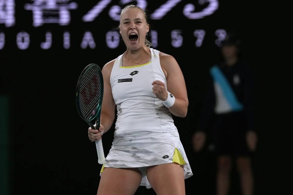 Anna Blinkova of Russia reacts after winning a point against Elena Rybakina of Kazakhstan during their second round match at the Australian Open tennis championships at Melbourne Park, Melbourne, Australia, Thursday, Jan. 18, 2024. (AP Photo/Andy Wong)