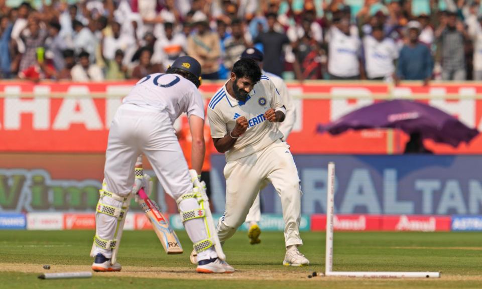 <span>Jasprit Bumrah took nine wickets in the second Test, including the spectacular dismissal of Ollie Pope.</span><span>Photograph: Manish Swarup/AP</span>