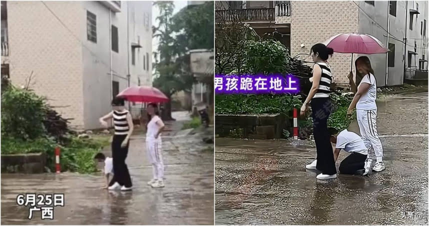 中國廣西一名9歲男童跪在父親的婚車前，只為了向他索要自己的出生證明。（圖／抖音）