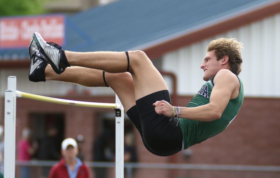 Aurora's Aiden Henderson during a high jump attempt at Division I district track and field finals at Austintown Fitch High School Friday, May 20, 2022.