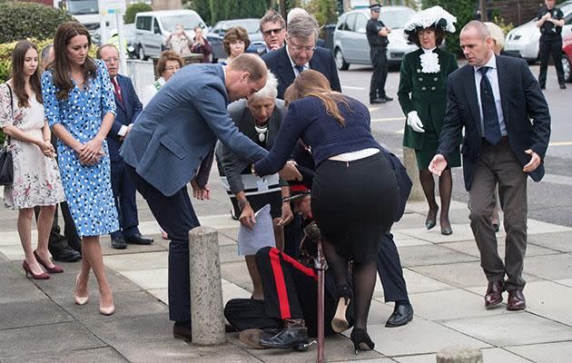 The man was introducing Kate and William to dignitaries when he fell over.