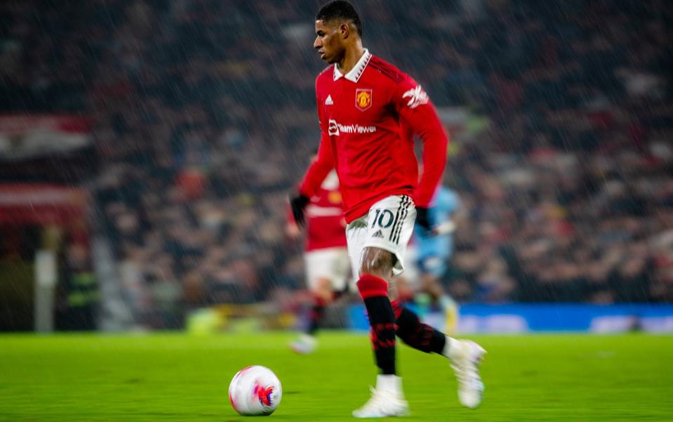 Marcus Rashford of Manchester United runs with the ball during the Premier League match between Manchester United and Brentford FC at Old Trafford on April 05, 2023 in Manchester, England - Getty Images