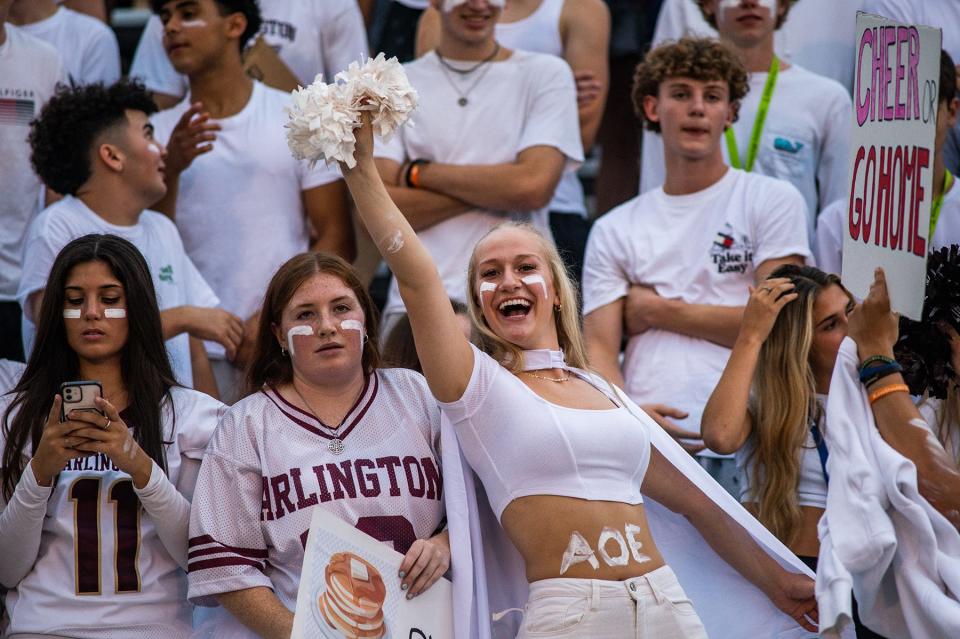 Arlington fans cheer during the Section 1 football game at Arlington High School in Lagrangeville on Monday, September 12, 2022.
