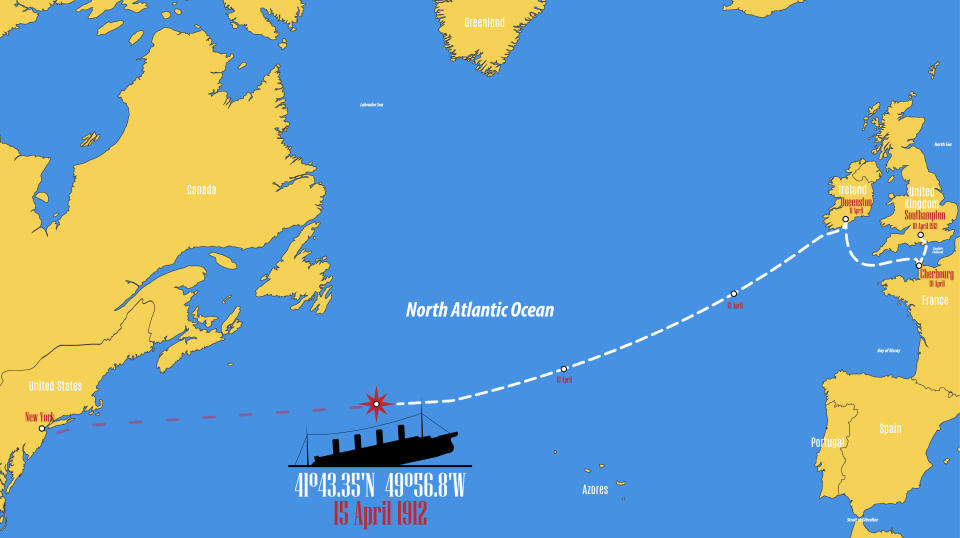 A map shows the point where the RMS Titanic sank in the North Atlantic, on   April 15, 1912, about 380 miles southeast of the Newfoundland, Canada, coast and some 1,300 miles east of its destination in New York City. / Credit: Getty/iStockphoto