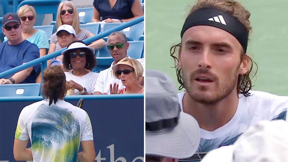 Stefanos Tsitsipas tried to get a female spectator ejected over a bizarre bee noise drama at the Cincinnati Masters. Pic: Tennis TV