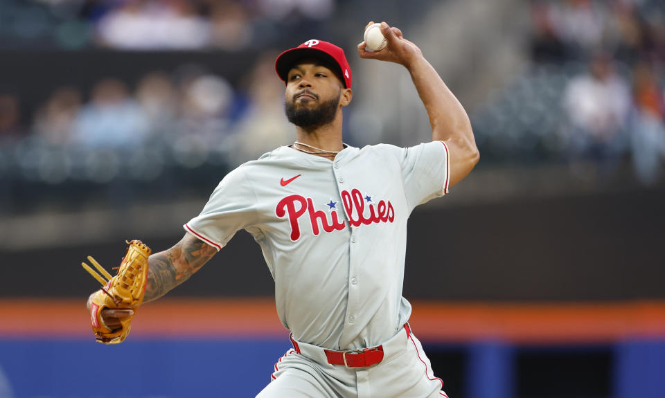 Philadelphia Phillies pitcher Cristopher Sánchez throws against the New York Mets during the first inning of a baseball game, Monday, May 13, 2024, in New York. (AP Photo/Noah K. Murray)