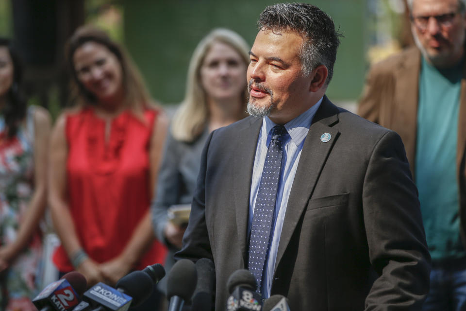 FILE - In this Aug. 11, 2017 file photo Portand Public School Superintendent Guadalupe Guerrero makes a public appearance at Sabin K-8 School in Northeast Portland. Portland Public Schools, Oregon's largest school district, on Thursday, June 4, 2020, cut its ties with the Portland Police Bureau and joins other urban districts from Minneapolis to Denver that are mulling the fate of such programs as their use of school resource officers as officials scramble to respond to demonstrators' concerns. (Stephanie Yao Long/Staff/The Oregonian via AP,File)