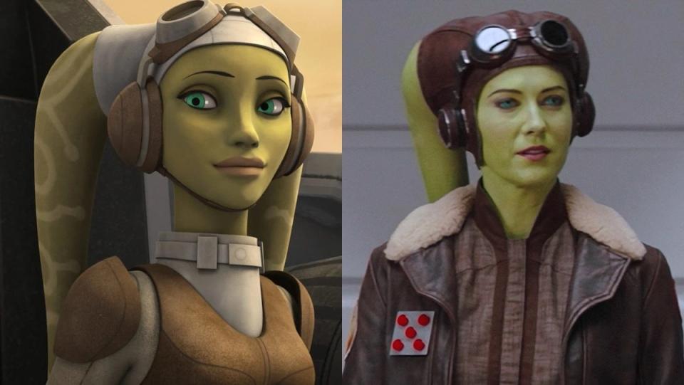 Split image of Hera Syndulla in her pilot jacket, one animated the other live-action with Mary Elizabeth Winstead