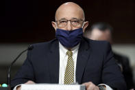 Robert Salesses, Senior Official Performing the Duties of the Assistant Secretary for Homeland Defense and Global Security, Department of Defense makes his opening statement during a Senate Committee on Homeland Security and Governmental Affairs and Senate Committee on Rules and Administration joint hearing Wednesday, March 3, 2021, examining the January 6, attack on the U.S. Capitol in Washington. (Greg Nash/Pool via AP)