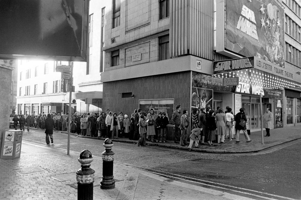 The queue outside the Leicester Square Theatre, in the morning, for the London opening of the movie "Star Wars".   (Photo by PA Images via Getty Images)