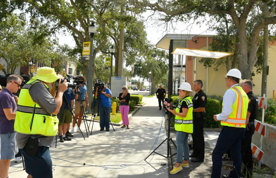 Brightline and the Melbourne Police Department conduct a rail safety press conference Tuesday near the New Haven Avenue railroad crossing in downtown Melbourne.
