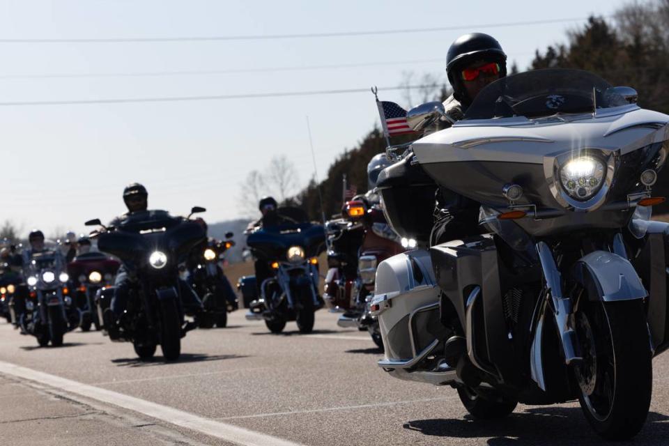 Motorcyclists from the metro-east and eastern Missouri ride through St. Louis to Cedar Hill, MO in a procession for a March 3, 2024 funeral for Sharli Edmonds and Chad Metcalf, who died in a house fire Feb. 24 in Cahokia Heights, Ill. Joshua Carter/Belleville News-Democrat