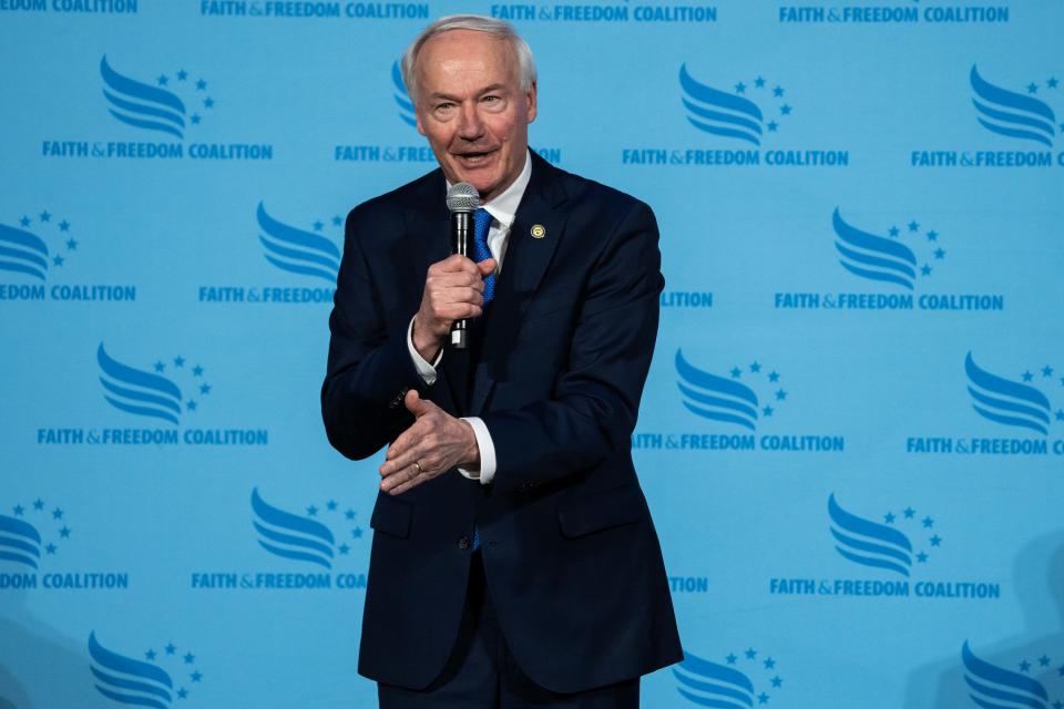 Former Arkansas Governor Asa Hutchinson speaks to the crowd at the Iowa Faith and Freedom Coalition's annual Spring Kick-Off, on Saturday, April 22, 2023, in Clive, Iowa. 