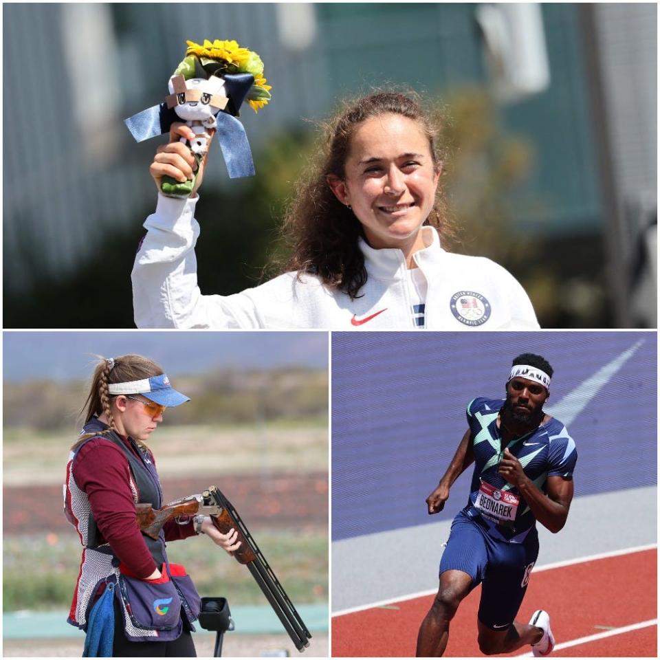 Wisconsinites to win Olympic medals in 2021 include (at top) Molly Seidel in the marathon, (lower left) trap shooter Madelynn Bernau and sprinter Kenny Bednarek.