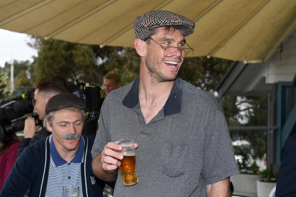 Tom Hawkins, pictured here at the Geelong Cats' official end of AFL season celebrations.