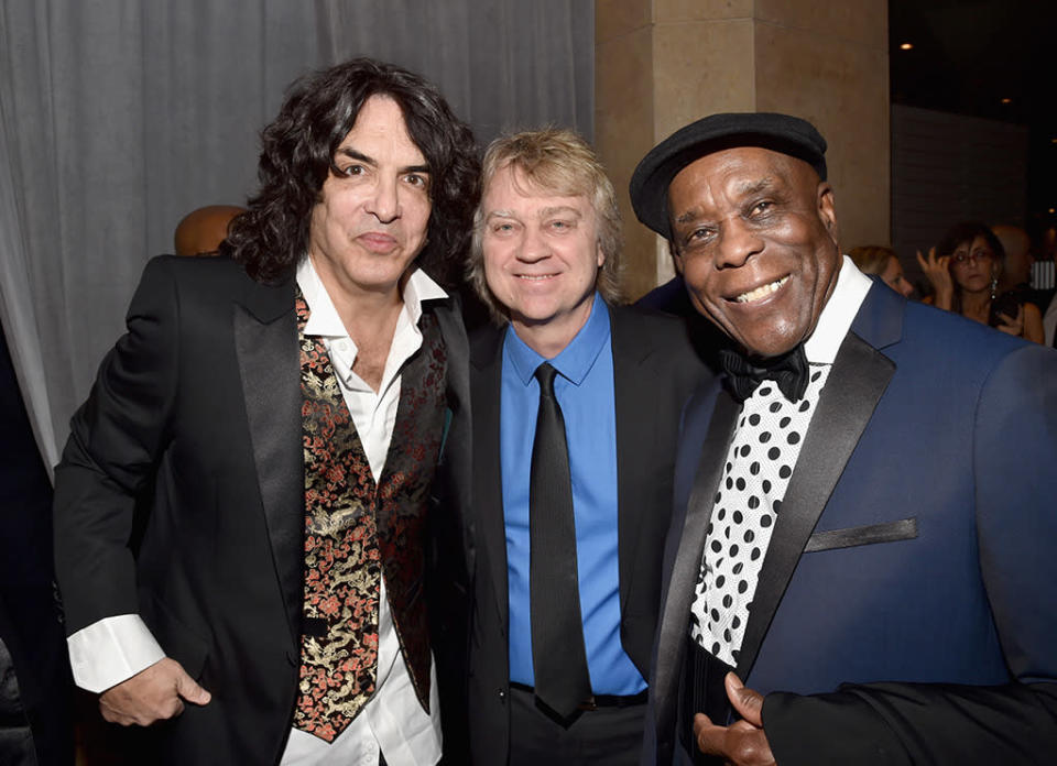 BEVERLY HILLS, CA - FEBRUARY 14: (L-R) Recording artist Paul Stanley, Tom Hambridge, and Buddy Guy attend the 2016 Pre-GRAMMY Gala and Salute to Industry Icons honoring Irving Azoff at The Beverly Hilton Hotel on February 14, 2016 in Beverly Hills, California.  (Photo by Lester Cohen/WireImage)