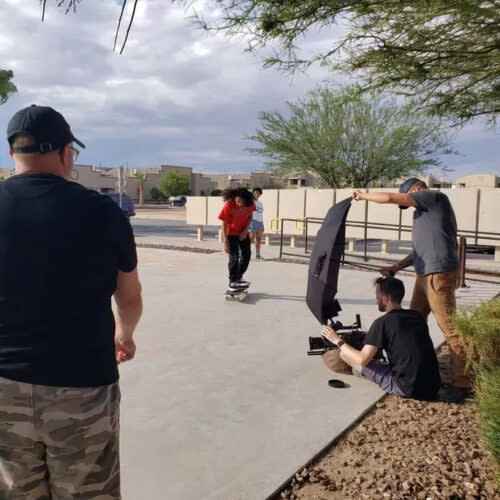 Xavier, who uses skateboarding as a coping mechanism, is filmed for a scene in <em>Hiding in Plain Sight: Youth Mental Illness. </em>(Kara Mickley/PBS)