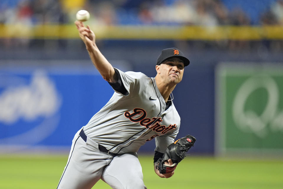 Detroit Tigers starting pitcher Jack Flaherty delivers to the Tampa Bay Rays during the first inning of a baseball game Wednesday, April 24, 2024, in St. Petersburg, Fla. (AP Photo/Chris O'Meara)