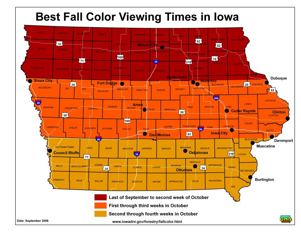 This map from the Iowa Department of Natural Resources shows the average times for best fall color viewing across the state.