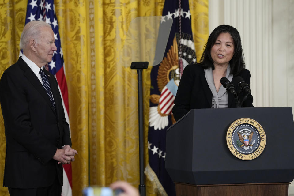 Julie Su, nominated by President Joe Biden, left, to serve as the Secretary of Labor, speaks during an event in the East Room of the White House in Washington, Wednesday, March 1, 2023. (AP Photo/Susan Walsh)