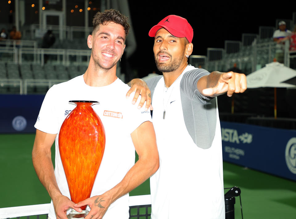 Nick Kyrgios and Thanasi Kokkinakis, pictured here after their doubles triumph at the Atlanta Open.