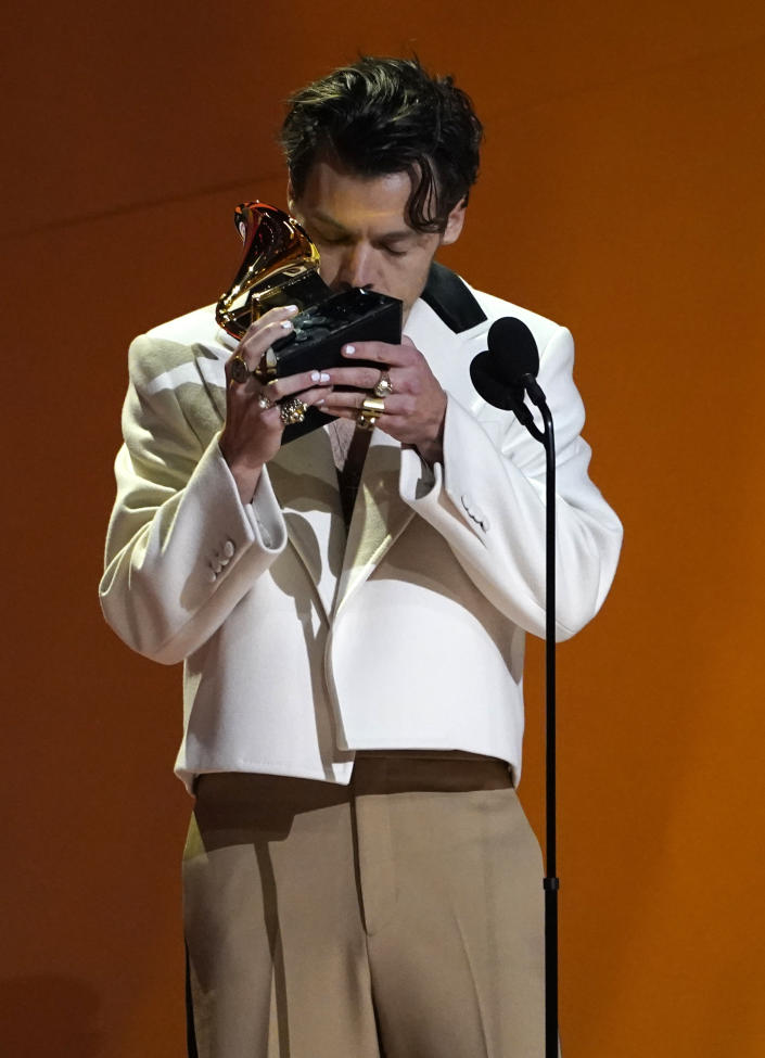 Harry Styles accepts the award for best pop vocal album for "Harry's House" at the 65th annual Grammy Awards on Sunday, Feb. 5, 2023, in Los Angeles. (AP Photo/Chris Pizzello)
