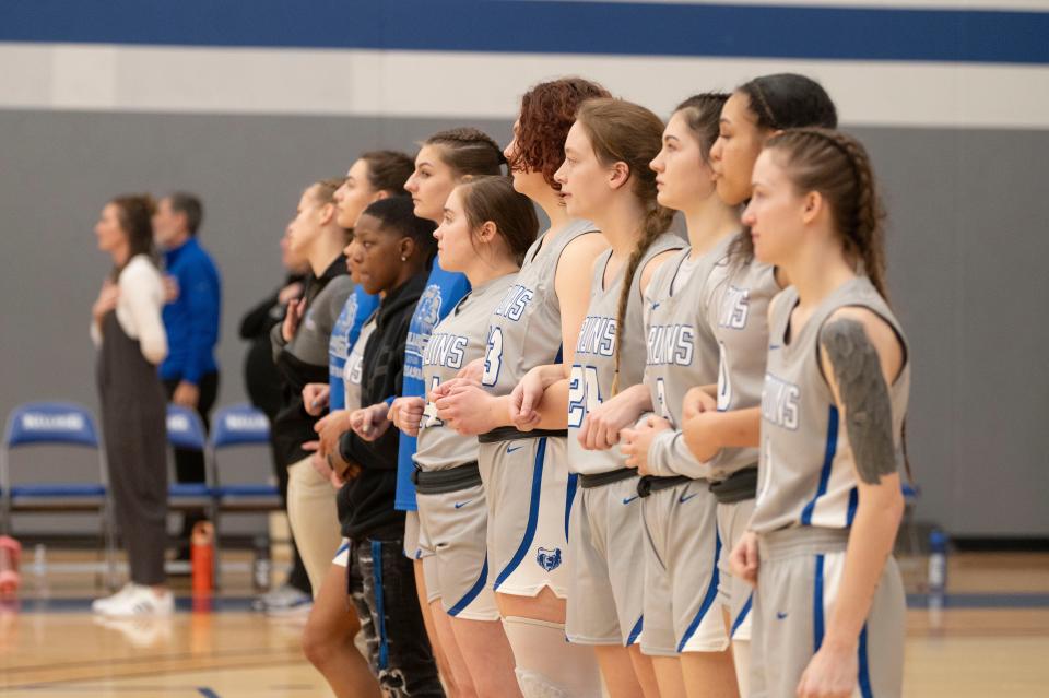 Kellogg players line up before a game against Ancilla at Kellogg Community College on Tuesday, Feb. 28, 2024.