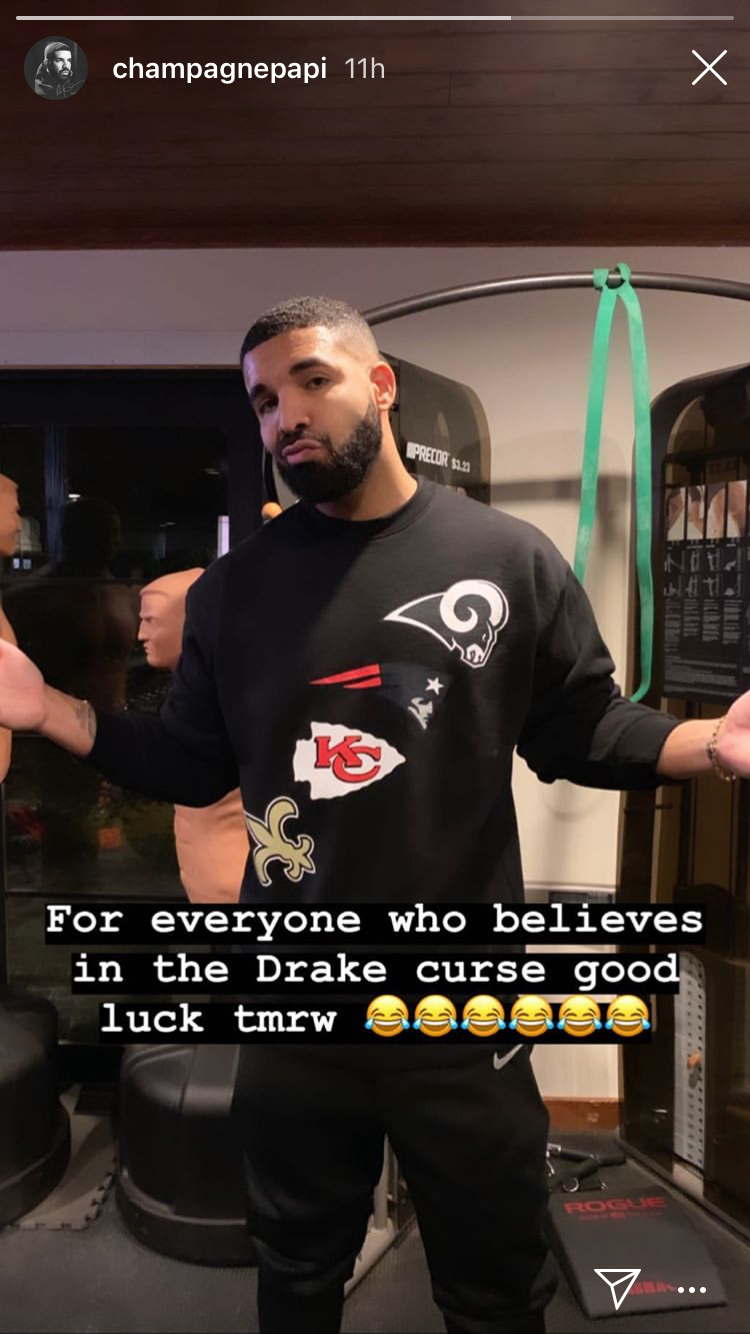 Drake dons a four-team NFL playoff sweatshirt in an attempt to break the infamous “Drake Curse.” (Instagram/@champagnepapi)