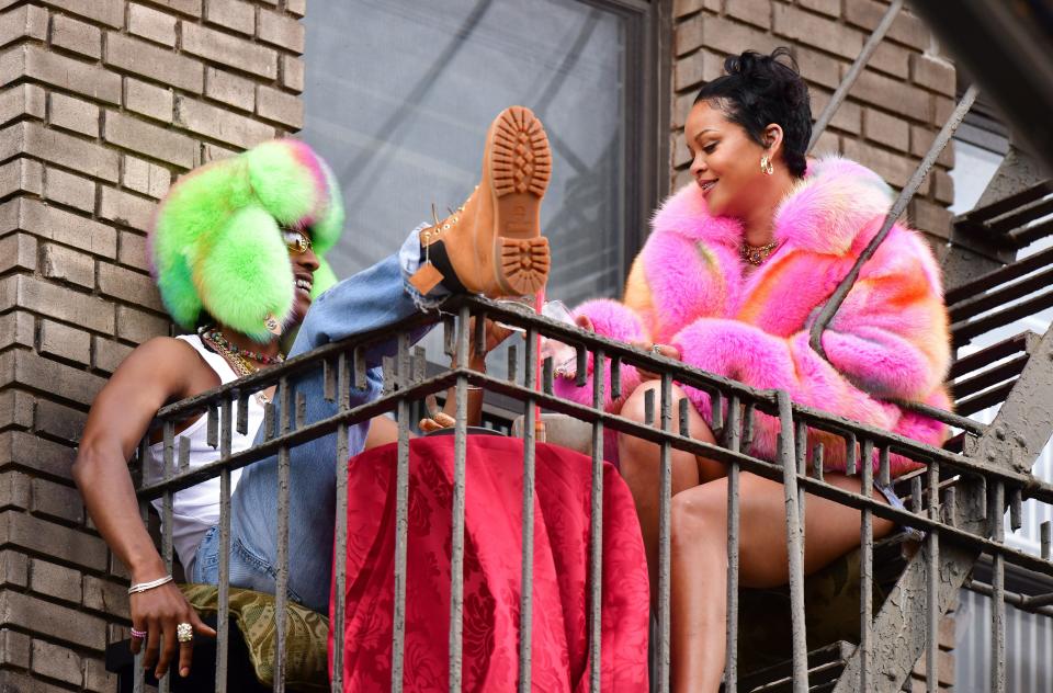 NEW YORK, NEW YORK - JULY 11:  A$AP Rocky and Rihanna  seen on the set of their music video in the Bronx on July 11, 2021 in New York City. (Photo by James Devaney/GC Images)