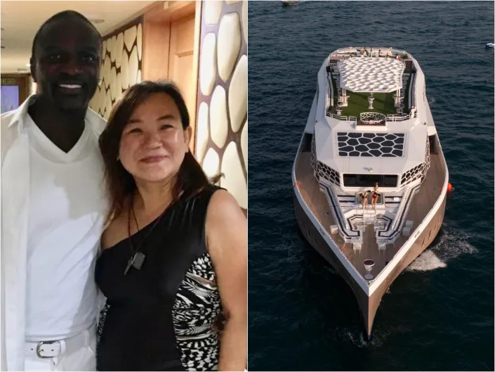 Split image showing a woman arm in arm with a man inside and an aerial shot of a superyacht sailing