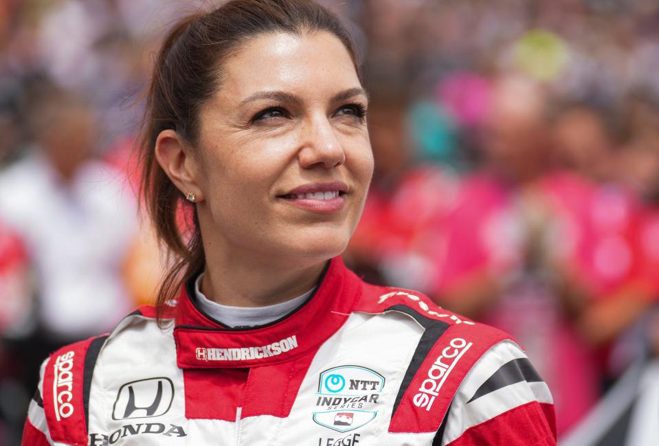 Rahal Letterman Lanigan Racing driver Katherine Legge (44) gears up near her car on Sunday, May 28, 2023, ahead of the 107th running of the Indianapolis 500 at Indianapolis Motor Speedway. 