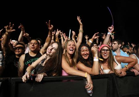 Concert-goers cheer during the performance of Canadian electrofunk duo Chromeo at the Coachella Valley Music and Arts Festival in Indio, California April 11, 2014. REUTERS/Mario Anzuoni