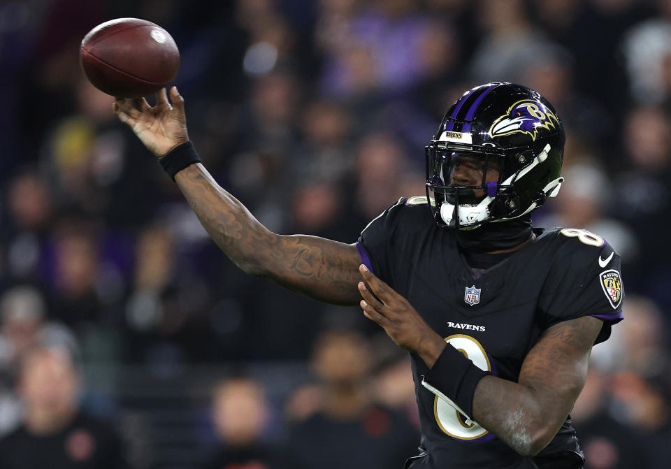 BALTIMORE, MARYLAND – NOVEMBER 16: Lamar Jackson #8 of the Baltimore Ravens throws a pass against the Cincinnati Bengals during the second quarter of the game at M&T Bank Stadium on November 16, 2023 in Baltimore, Maryland. (Photo by Patrick Smith/Getty Images)