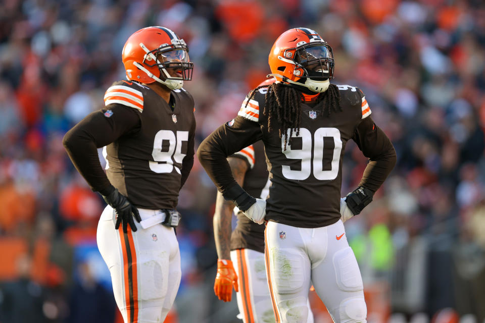 Cleveland Browns defensive end Myles Garrett (95) and Cleveland Browns defensive end Jadeveon Clowney (90) during last week's game. (Photo by Frank Jansky/Icon Sportswire via Getty Images)