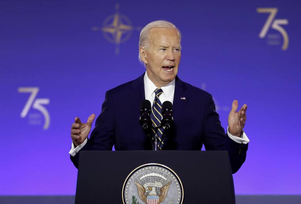 Joe Biden downballot concerns. President Joe Biden delivers remarks during the NATO 75th anniversary celebratory event in Washington, D.C. on July 9, 2024. Biden’s polling numbers have sparked concerns among Democrats.