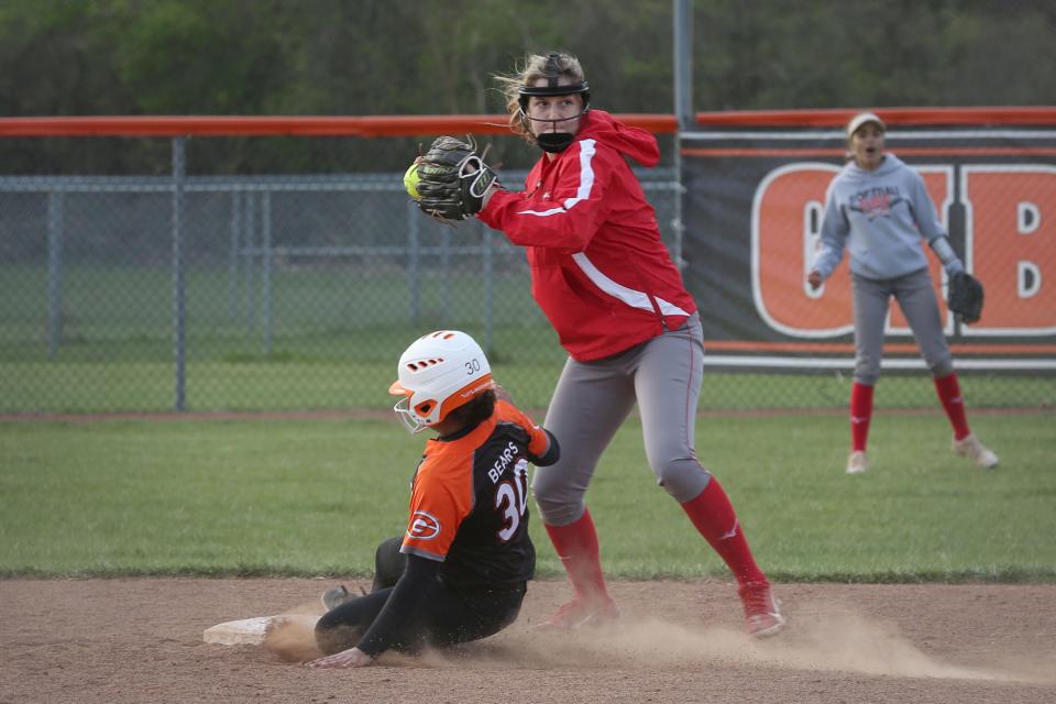 SJCC's Rylie Holland gets an out at second base and looks to first base.