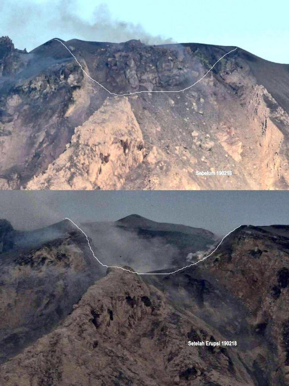 The white lines indicate the piece of mountain that is now missing (AP)