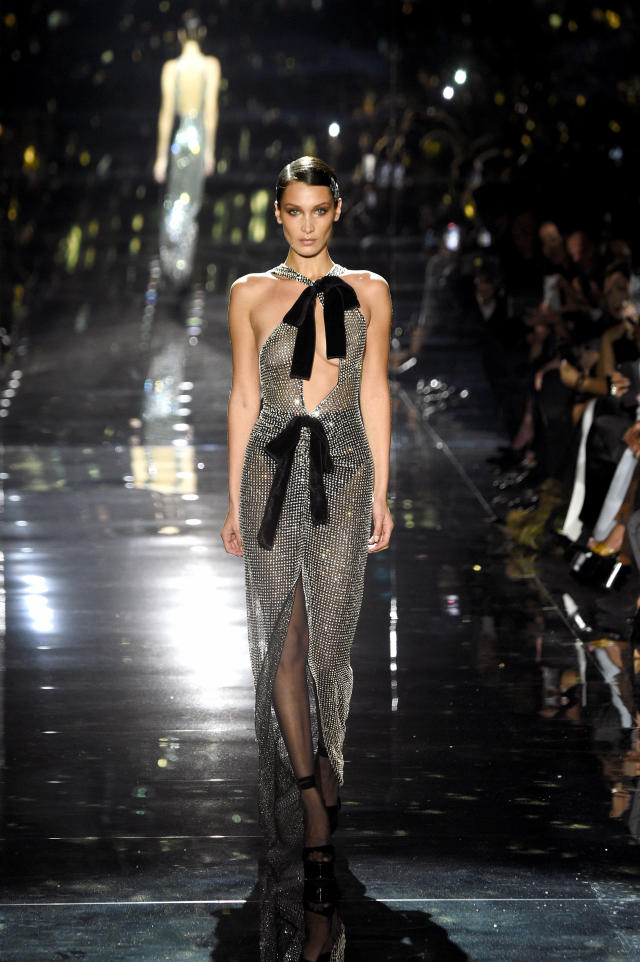 Bella Hadid stuns in sheer dress on Tom Ford runway