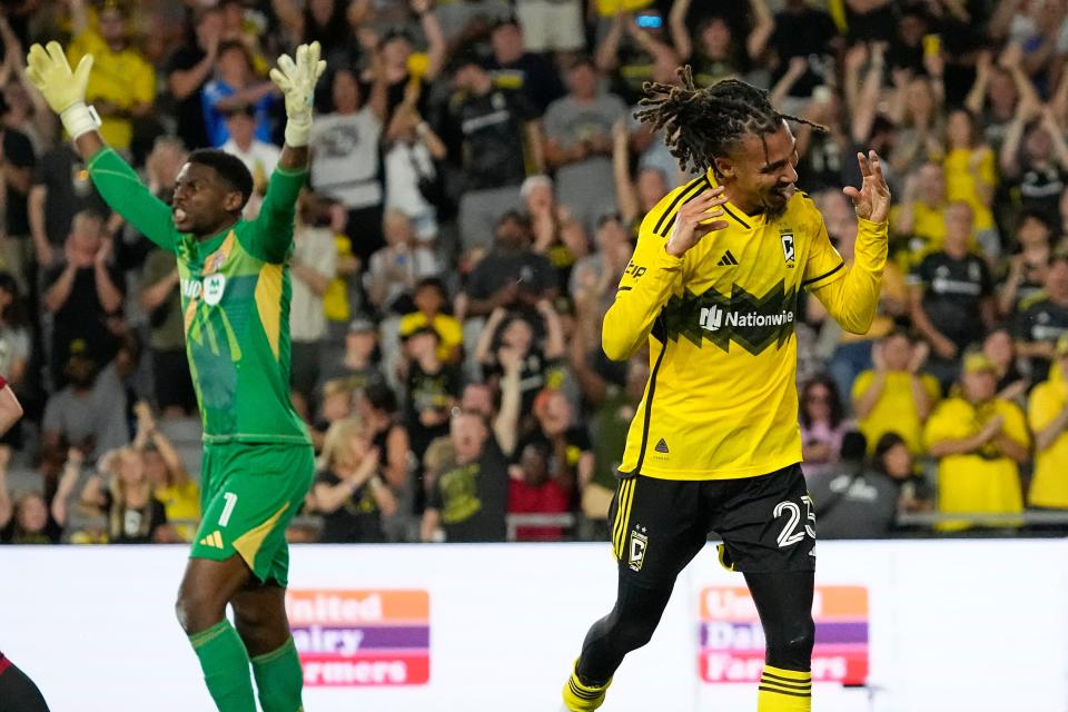 Jul 6, 2024; Columbus, OH, USA; Columbus Crew defender Mohamed Farsi (23) celebrates scoring a goal during the second half of the MLS soccer match against Toronto FC at Lower.com Field. The Crew won 4-0.