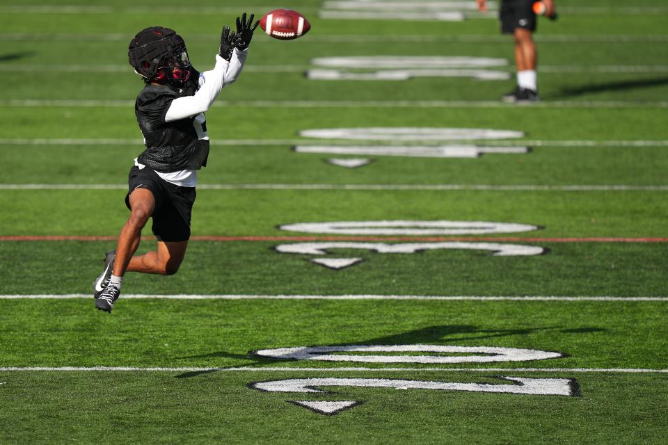 Bearcats defensive back Derrick Canteen makes a play early in spring practice in March.