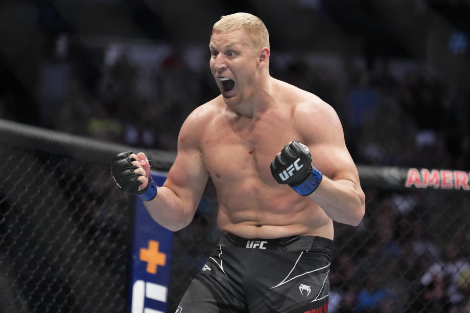 DALLAS, TEXAS - JULY 30: (Sergei Pavlovich of Russia reacts after defeating Derrick Lewis in a heavyweight fight during the UFC 277 event at American Airlines Center on July 30, 2022 in Dallas, Texas. (Photo by Chris Unger/Zuffa LLC)