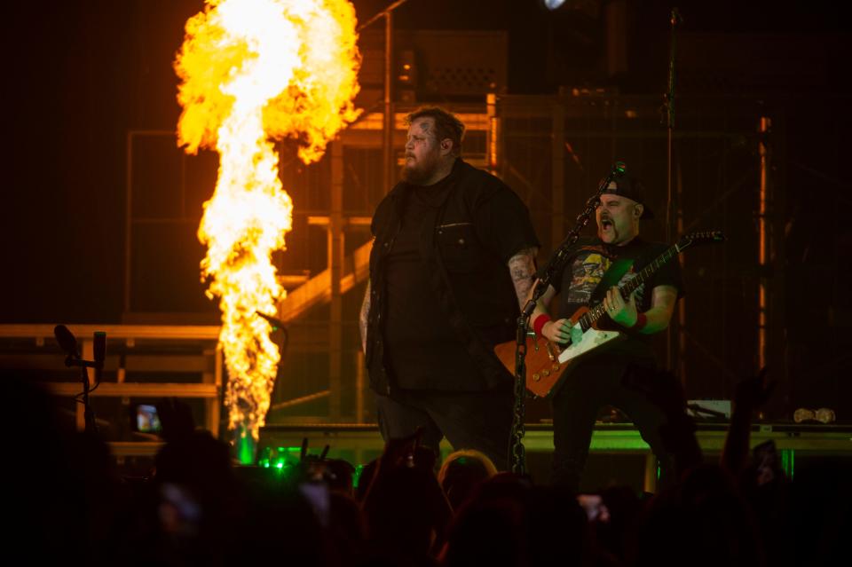 Jelly Roll makes a surprise appearance during Brantley Gilbert performance before Nickelback at Bridgestone Arena in Nashville, Tenn., Tuesday, Aug. 1, 2023.