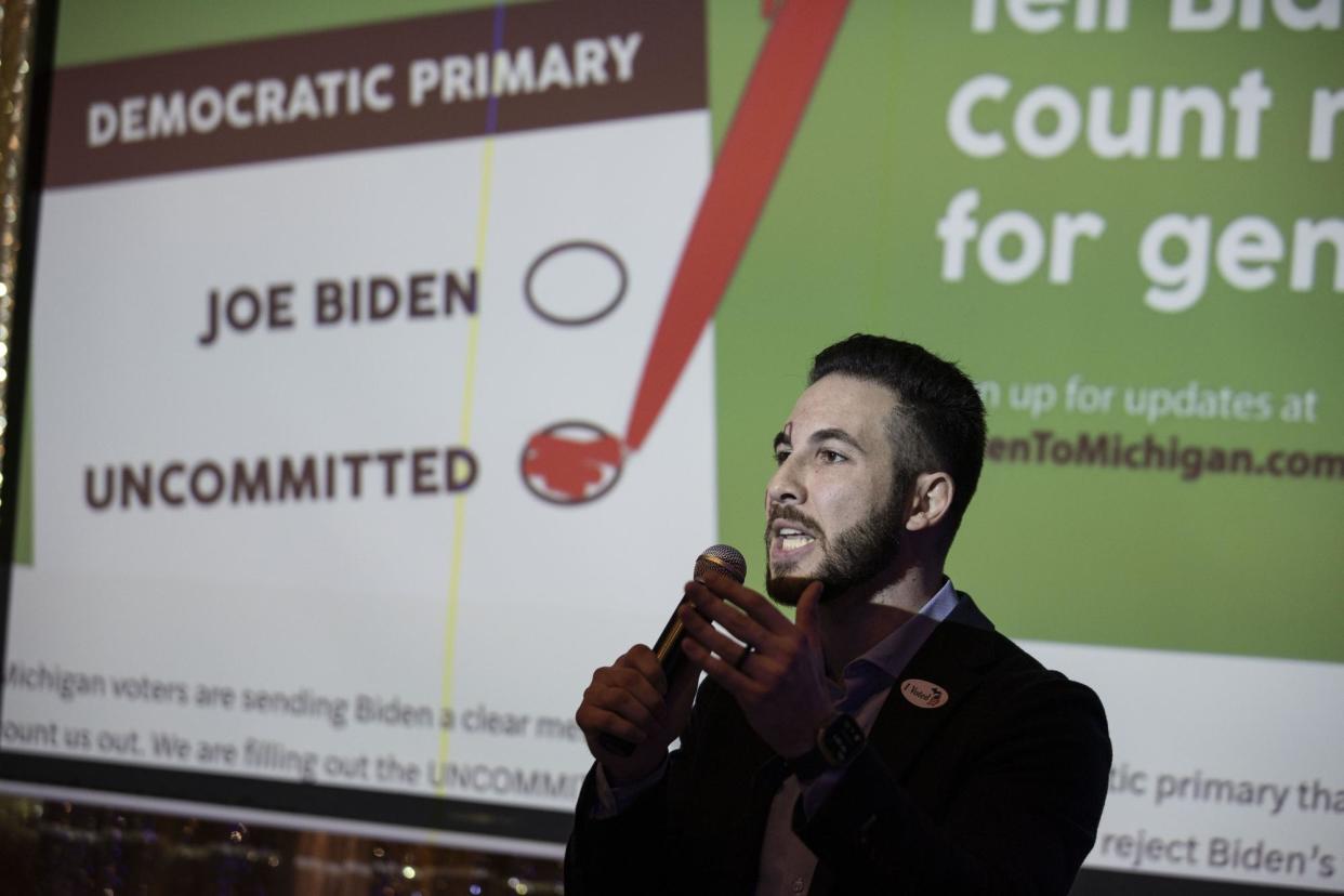 <span>Abdullah Hammoud, the mayor of Dearborn, speaks at an election night watch party held by the Listen to Michigan campaign on 27 February.</span><span>Photograph: Anadolu/Getty Images</span>