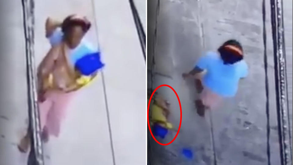 Two stills from CCTV showing a Jakarta woman leaving a baby on the footpath outside a Jakarta home.