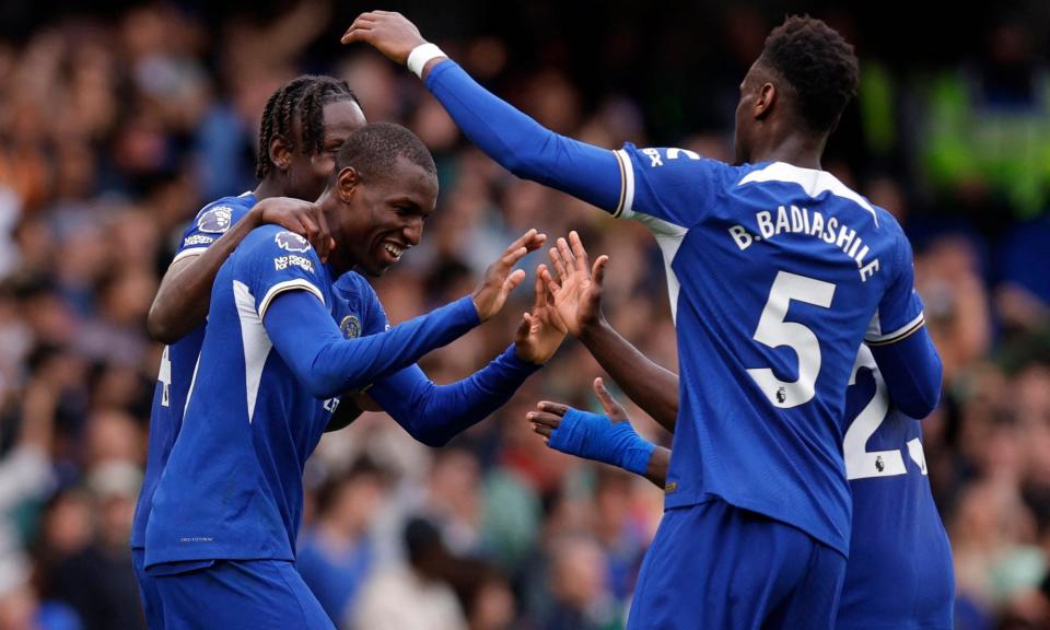 <span>Nicolas Jackson (left) celebrates with his teammates after scoring Chelsea’s fifth goal.</span><span>Photograph: Andrew Couldridge/Action Images/Reuters</span>