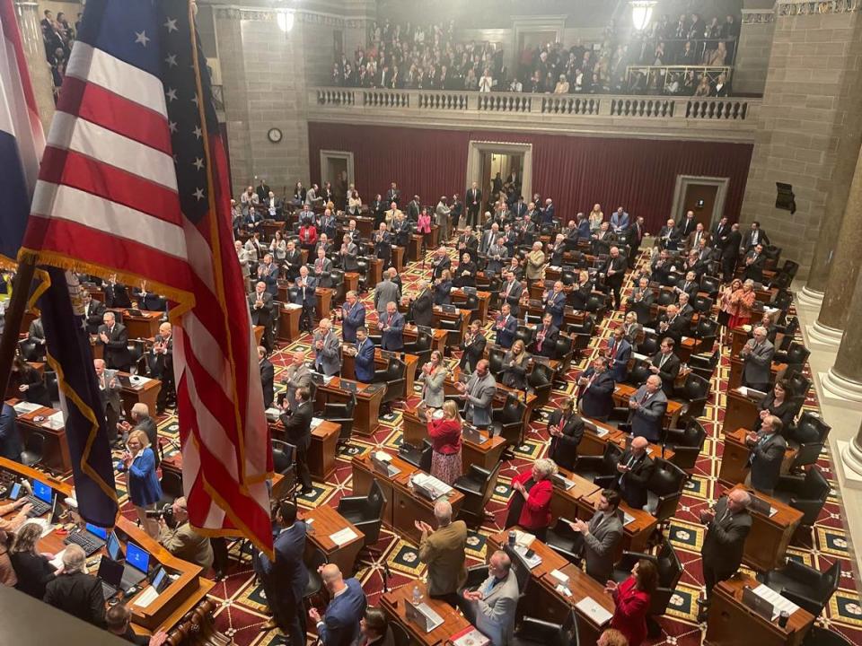 Missouri lawmakers applaud during Gov. Mike Parson’s 2023 State of the State address.