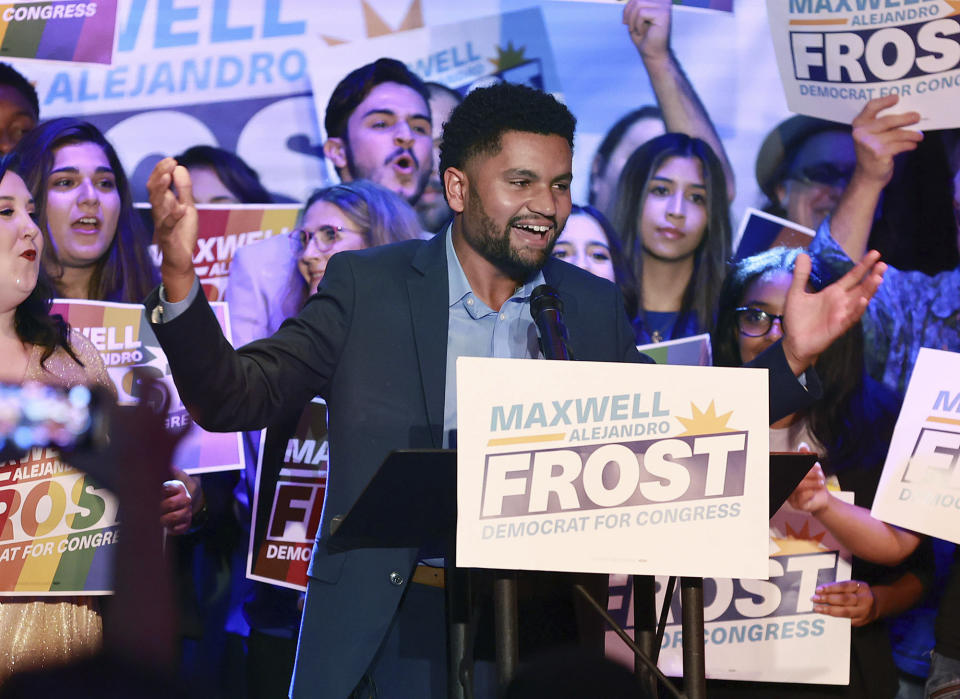 Democratic candidate for Florida's 10th Congressional District Maxwell Frost speaks as he celebrates with supporters during a victory party at The Abbey in Orlando, Fla., on Tuesday, Nov. 8, 2022. (Stephen M. Dowell/Orlando Sentinel, via AP)